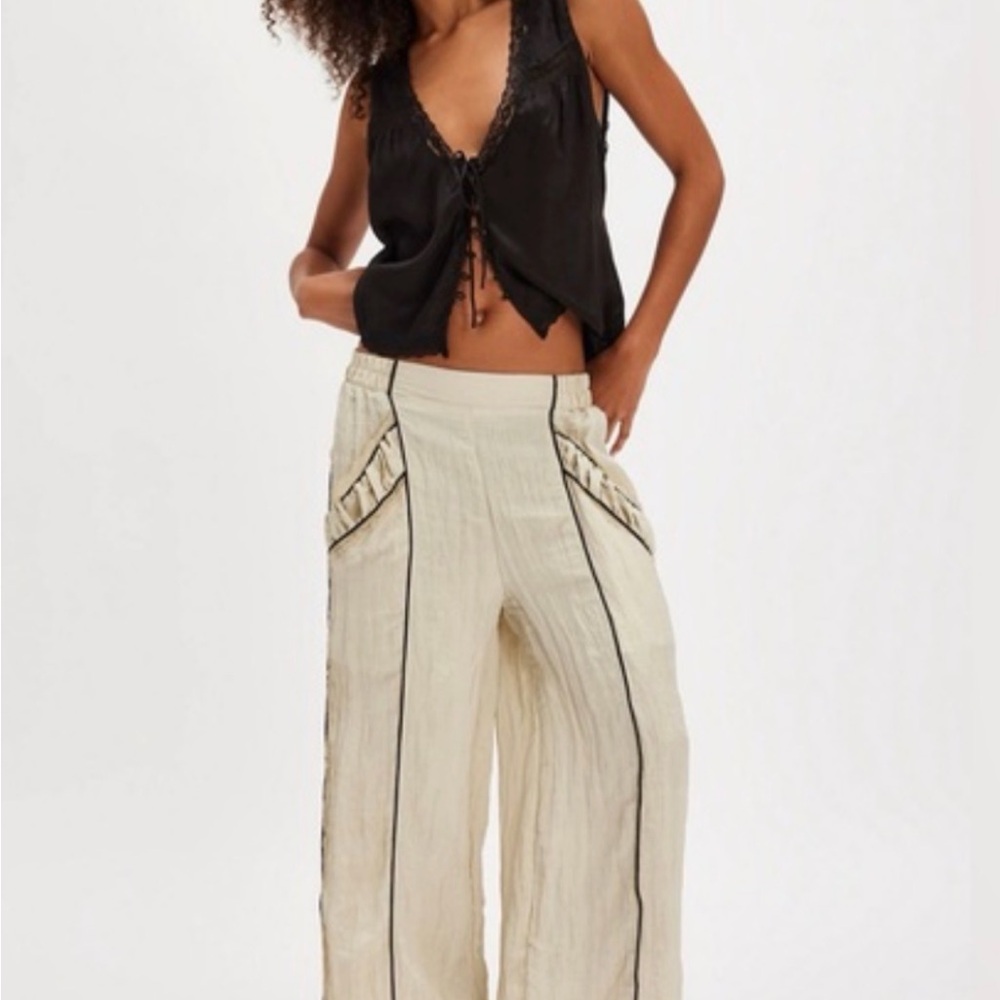 Free People Pretty Please Wide-Leg Pants with Black & Lace Trim